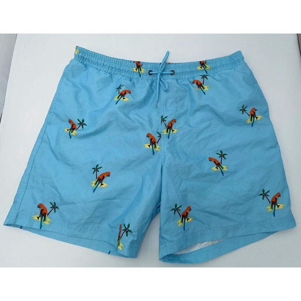 Large Club Room Men's Swim Trunks  L Blue Parrot Palm Tree Tropical Mesh Liner